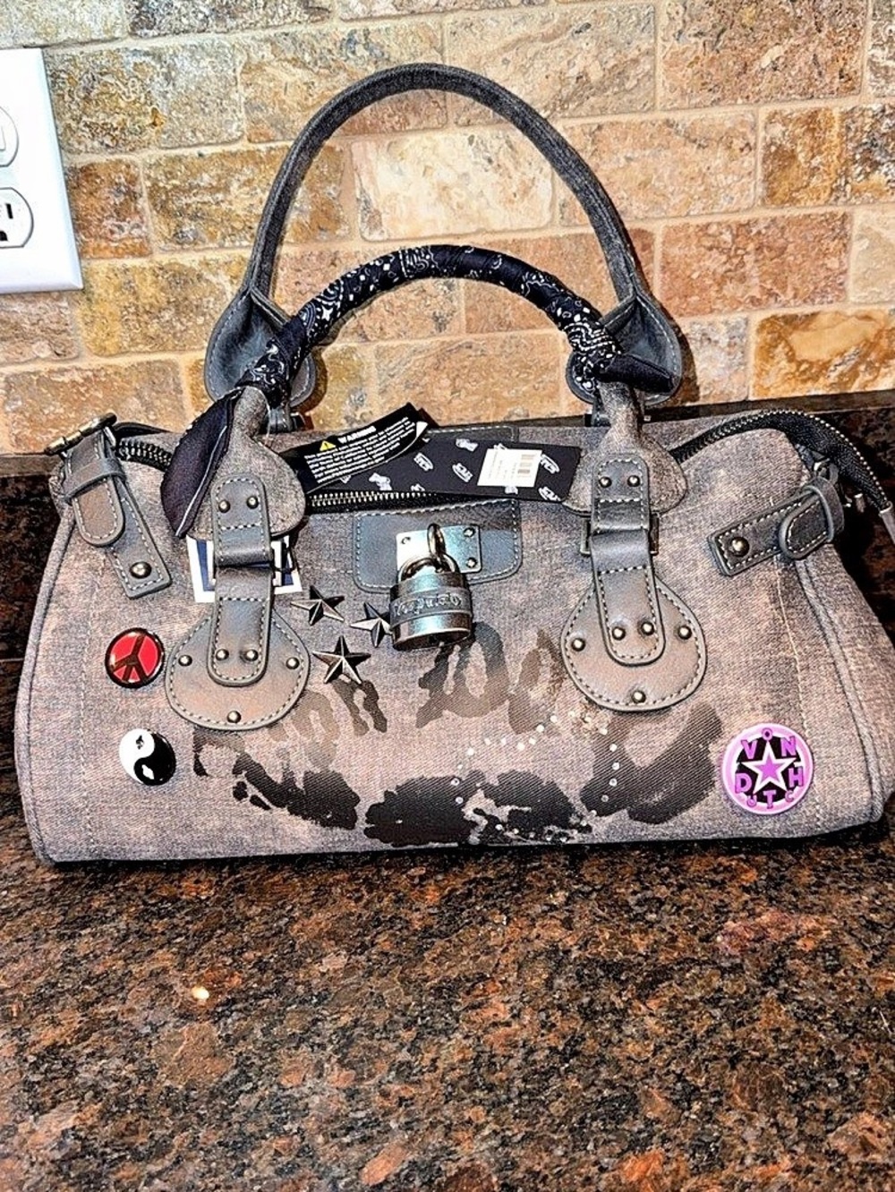 Von Dutch Black Gray Distressed Y2K Handbag Bandana Padlock
NWT